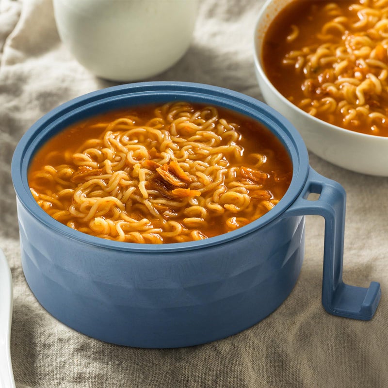 Romooa 1 Set Microwave Ramen Bowl Set 33 oz Wheat Straw Instant Ramen Cooker Set Portable Noodle Cooker with Handle Noodle Bowl with Spoon Chopsticks Fork College Dorm Room (Dark Blue) - Image 5