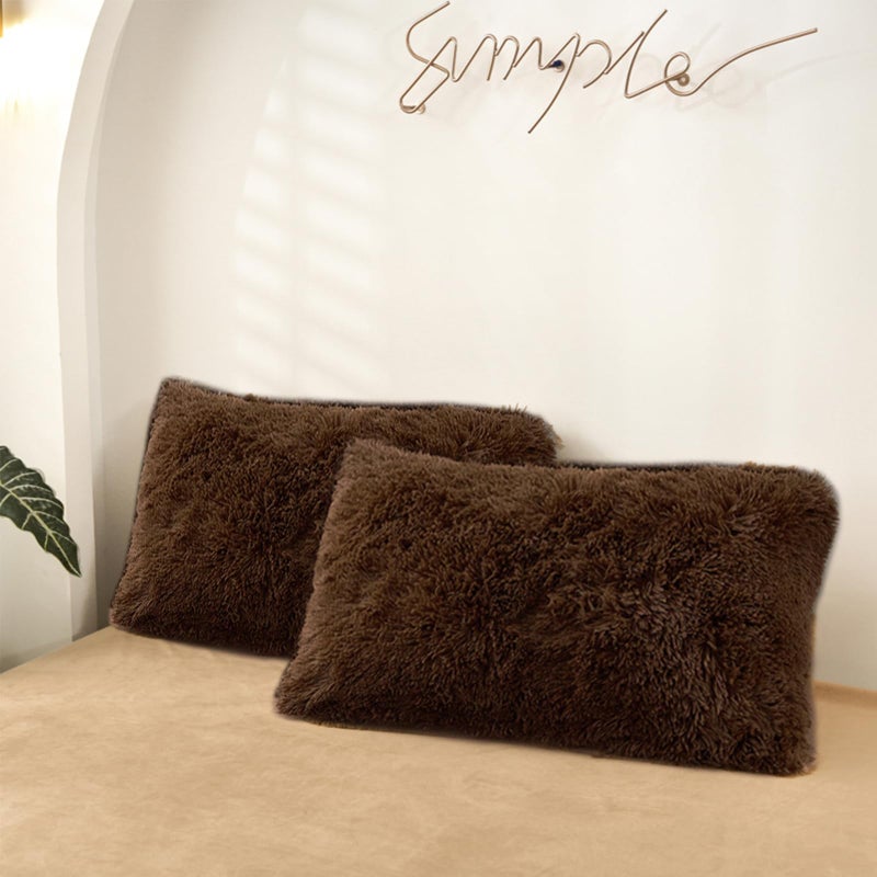 MorroMorn Decorative Pillows Covers, 2 Packs Faux Fur Pillow Cases Standard Size, Luxury Shaggy Throw Pillowcase Cushion Shams with Zipper Closure Room Decor for Couch Sofa Bed (Brown, Standard) - Image 1