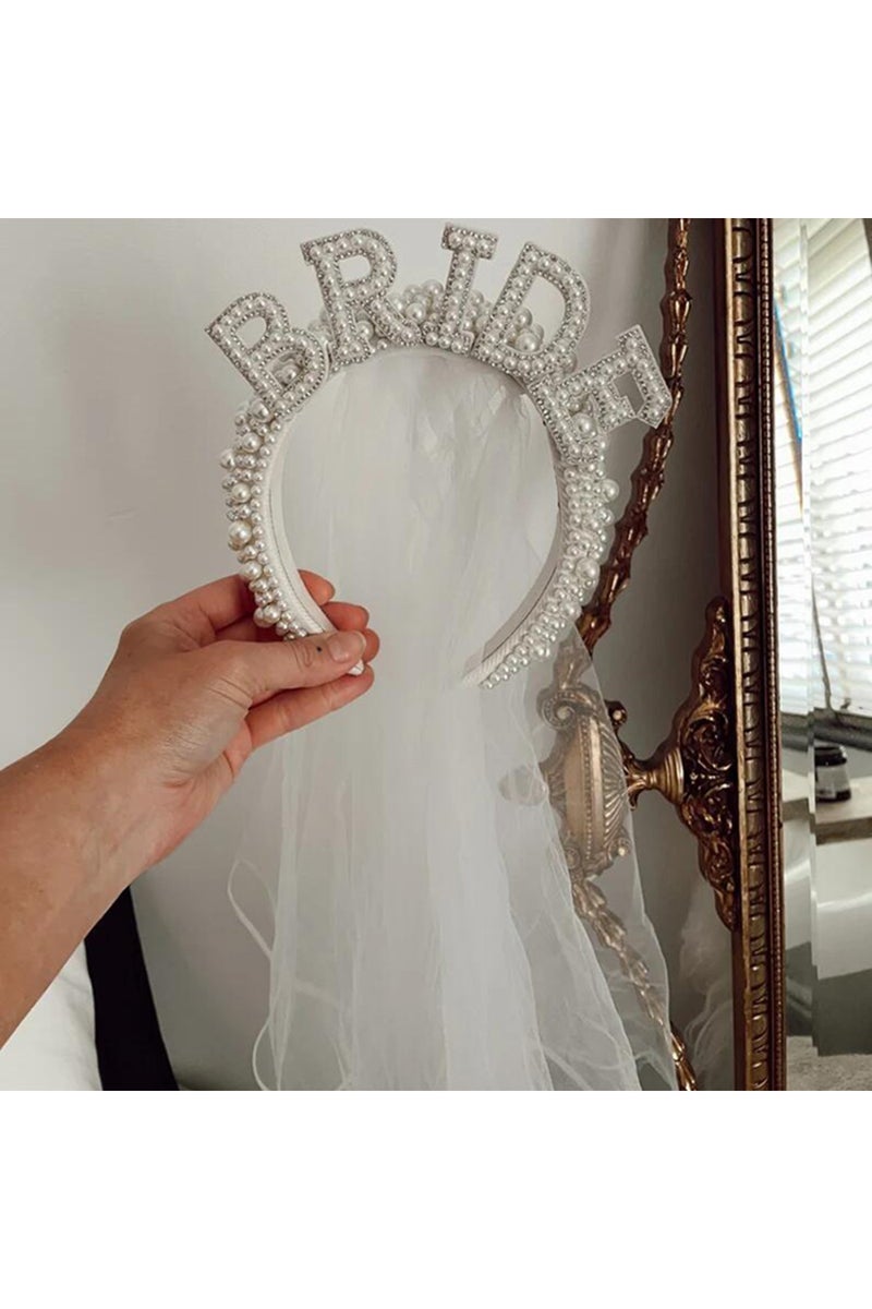 طوق رأس أبيض للعروس، تاج من اللؤلؤ مع طرحة، زينة زفاف للعروس، هدية لحفل توديع العزوبية