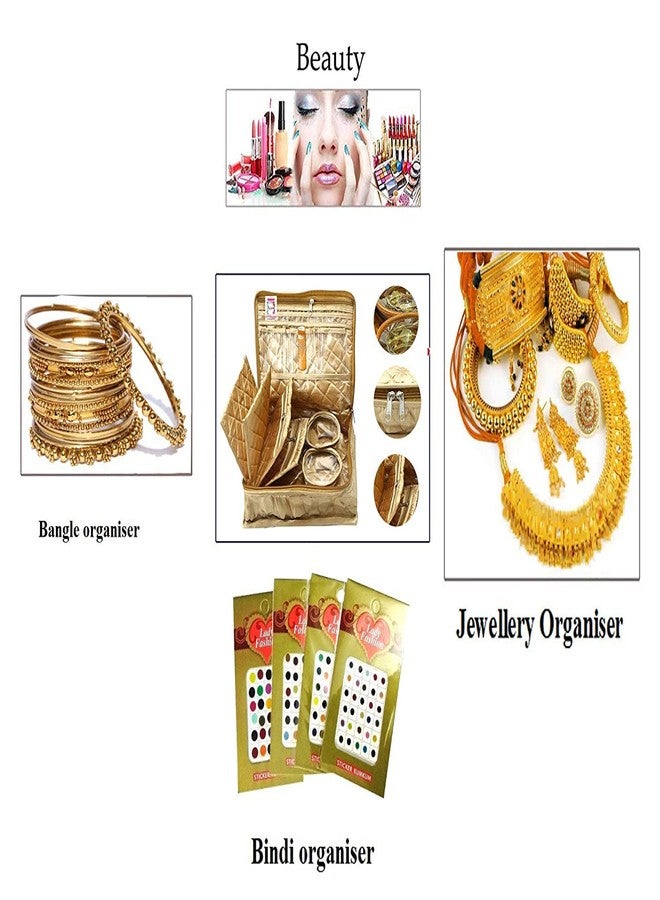 LUCES Combo Golden 2 Bangle Chain Necklace Jewelry Pouch with Cream Ring Earring Box Satin Wardrobe Organizer Jewellery Vanity Box - Image 4