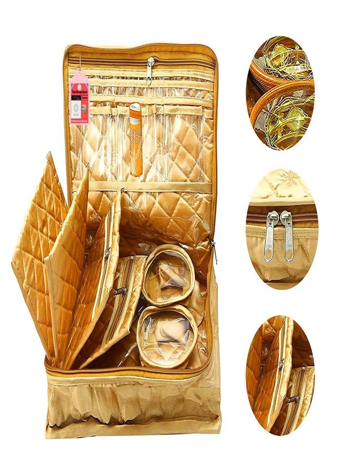 LUCES Combo Golden 2 Bangle Chain Necklace Jewelry Pouch with Cream Ring Earring Box Satin Wardrobe Organizer Jewellery Vanity Box - Image 2