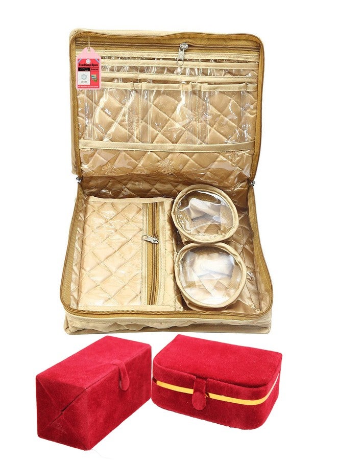 LUCES Combo Golden 2 Bangle Chain Necklace Jewelry Pouch with Cream Ring Earring Box Satin Wardrobe Organizer Jewellery Vanity Box - Image 1