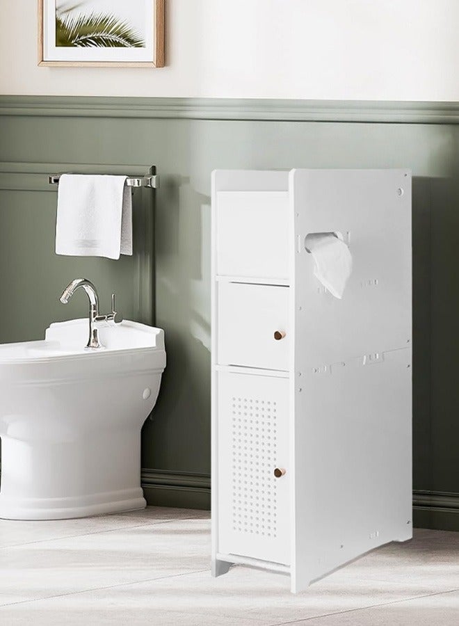 نوايوو خزانة تخزين حمام موفرة للمساحة مع حامل مدمج لورق المرحاض، منظم مدمج للحمامات الصغيرة، أبيض - Image 1