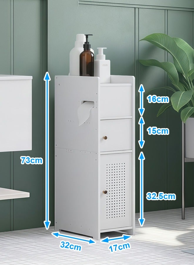 نوايوو خزانة تخزين حمام موفرة للمساحة مع حامل مدمج لورق المرحاض، منظم مدمج للحمامات الصغيرة، أبيض - Image 2