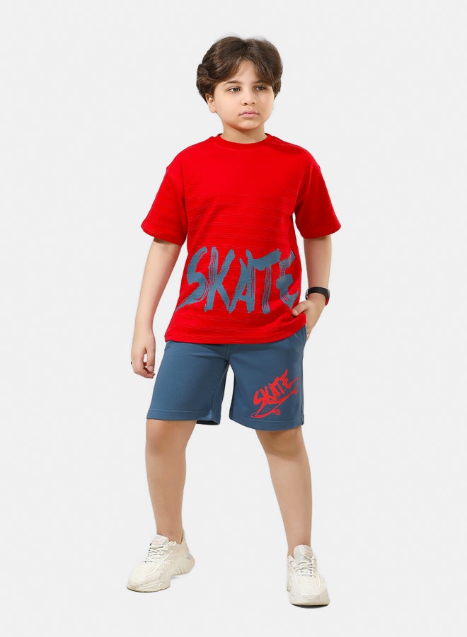 ريمينت طقم شورت برسمة لوح التزلج للاولاد احمر - Image 1