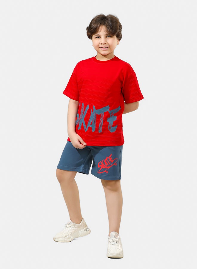 ريمينت طقم شورت برسمة لوح التزلج للاولاد احمر - Image 3