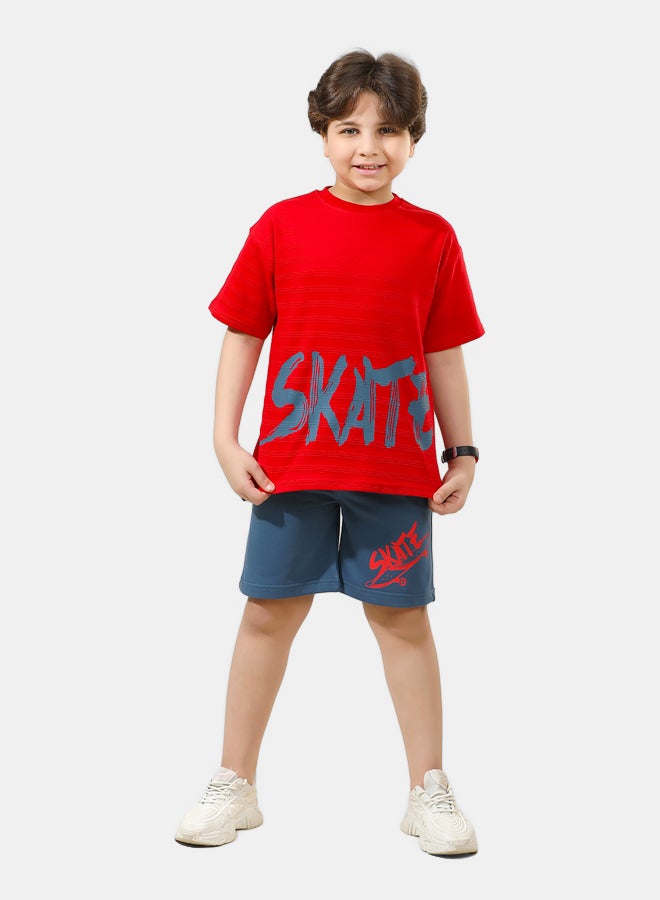 ريمينت طقم شورت برسمة لوح التزلج للاولاد احمر - Image 2