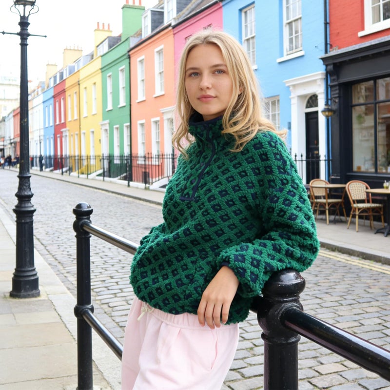 SeeLuNa Checkered Fleece Sweatshirt for Women Long Sleeve High Neck Fuzzy Sherpa Hoodie Winter Plaid Pullover Top with Pocket(Navy-Green,M) - Image 5