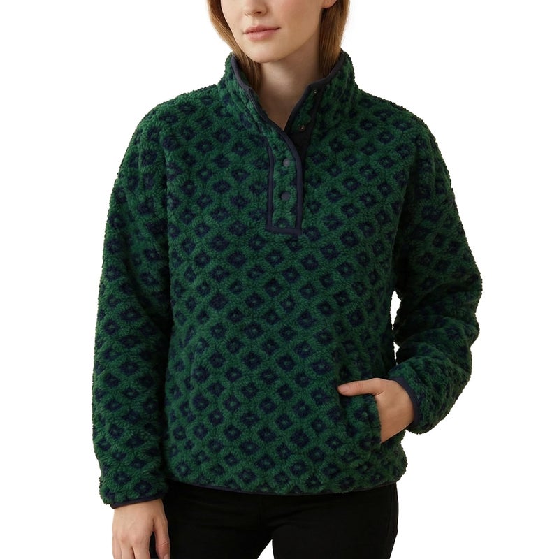 SeeLuNa Checkered Fleece Sweatshirt for Women Long Sleeve High Neck Fuzzy Sherpa Hoodie Winter Plaid Pullover Top with Pocket(Navy-Green,M) - Image 1