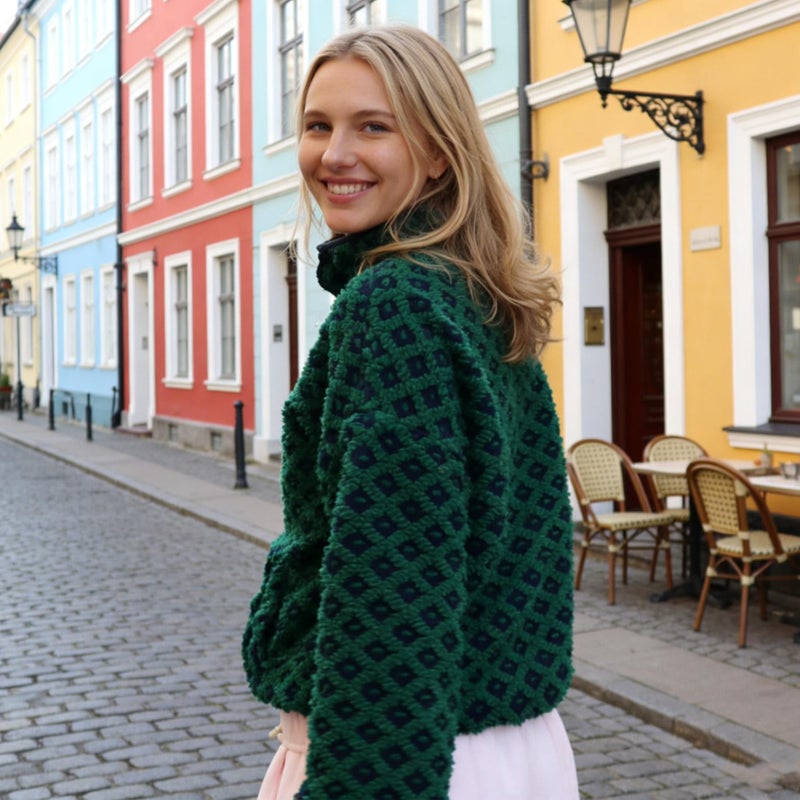 SeeLuNa Checkered Fleece Sweatshirt for Women Long Sleeve High Neck Fuzzy Sherpa Hoodie Winter Plaid Pullover Top with Pocket(Navy-Green,M) - Image 3