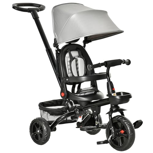 Qaba Kids Tricycle 4 in 1 Foldable Trike with Reversible Seat Adjustable Parent Handle Safety Harness Wheel Brakes Removable Canopy Storage Tricycle for Toddlers 15 Years Black - Image 1