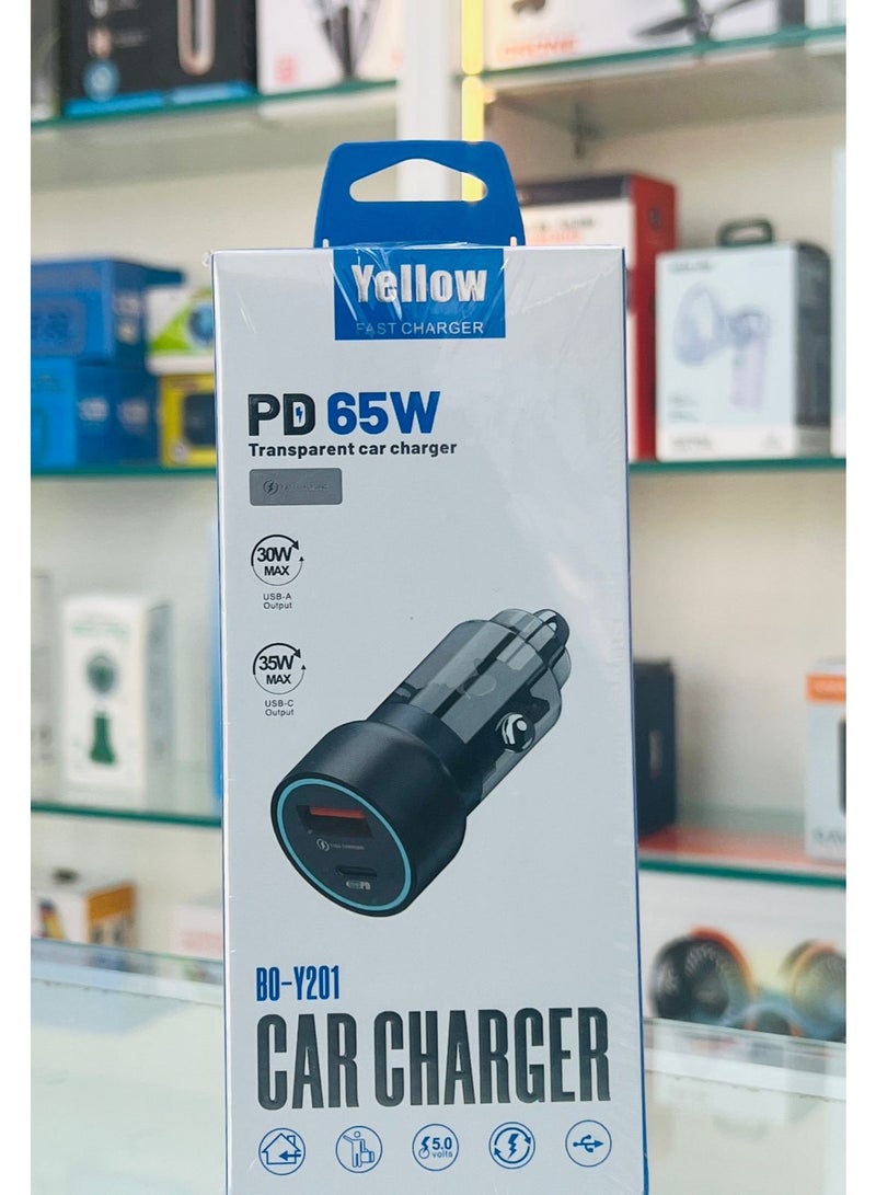 Yellow BO-Y201 Fast Car Charger PD 65W USB-A 30W + USB-C 35W Dual Port - Image 1