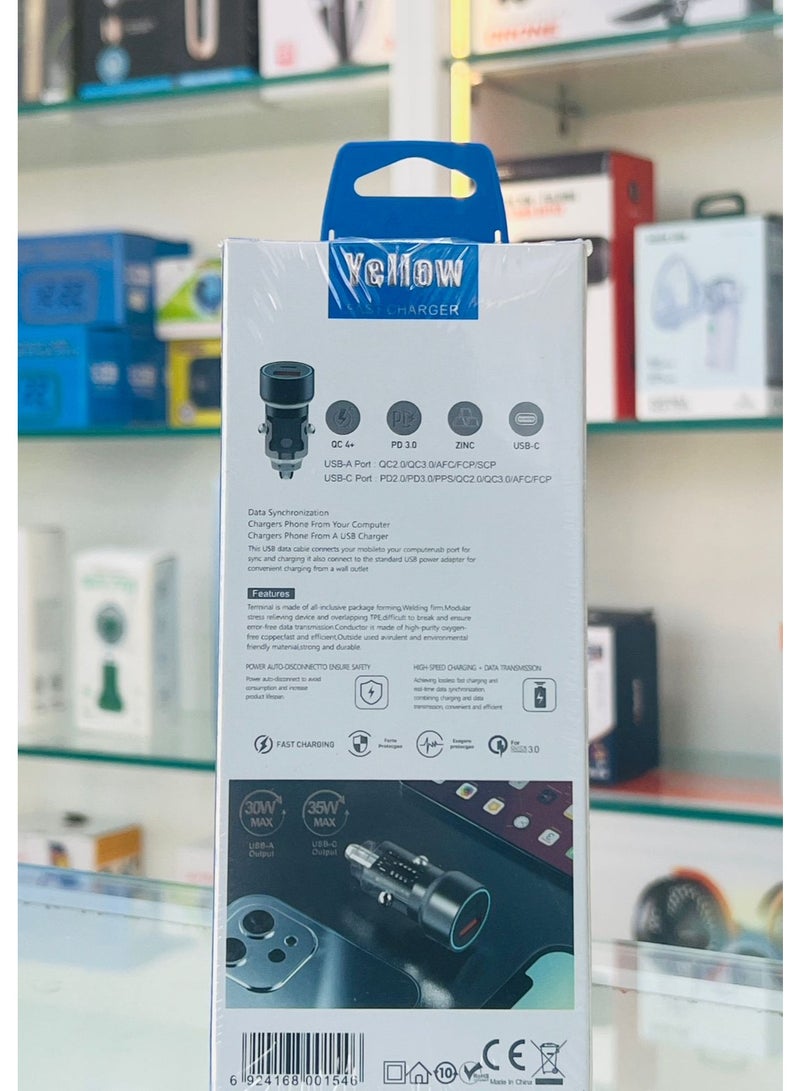 Yellow BO-Y201 Fast Car Charger PD 65W USB-A 30W + USB-C 35W Dual Port - Image 2