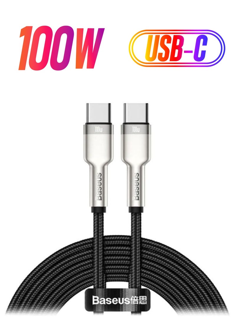 بيسوس كابل مضفر بمنفذ USB من نوع C بطول مترين وقدرة 100 وات بتقنية توصيل الطاقة PD ويدعم الشحن السريع ومزود بكابل بمنفذ USB من النوع C لمنفذ USB من نوع C ومتوافق مع آي باد ميني 6 وماك بوك برو 2021 مقاس 14 بوصة و16 بوصة وماك بوك آير وآي باد برو مقاس 12.9 بوصة وسامسونج ‎S21+‎‎ وهواوي ‎‎‎P30 وغيره. لون أسود. - Image 1