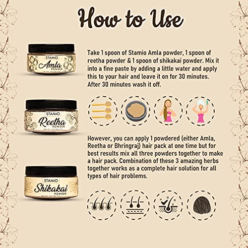 STAMIO Hair Care 3 Products Combo 150 gm - Amla Reetha Shikakai Powder for Pack, Wash, Mask, Shampoo, Dandruff, Cleanser | Natural Seedless Powders Kit | In Jar 50gm X 3 - Image 3