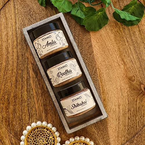 STAMIO Hair Care 3 Products Combo 150 gm - Amla Reetha Shikakai Powder for Pack, Wash, Mask, Shampoo, Dandruff, Cleanser | Natural Seedless Powders Kit | In Jar 50gm X 3 - Image 2