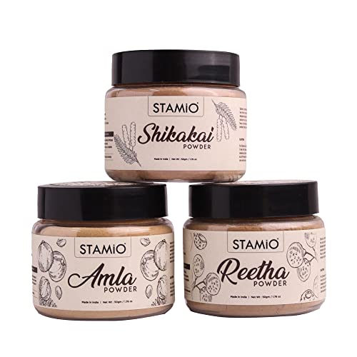 STAMIO Hair Care 3 Products Combo 150 gm - Amla Reetha Shikakai Powder for Pack, Wash, Mask, Shampoo, Dandruff, Cleanser | Natural Seedless Powders Kit | In Jar 50gm X 3 - Image 1