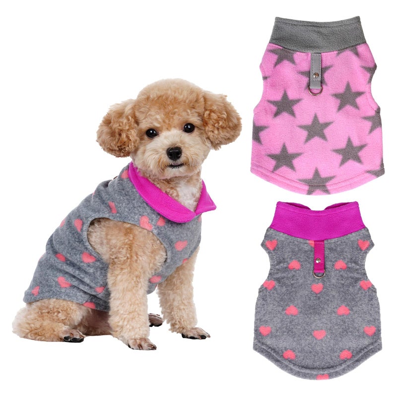 Rbenxia 2 Piece Grey and Pink Dog Heart Sweater with Leash Ring Soft Fleece Vest Dogs Pullover Warm Jacket Pet Dogs Clothes Winter Dog Outfits for Small Puppy Cat Pets (Medium, Stars+Heart) - Image 1