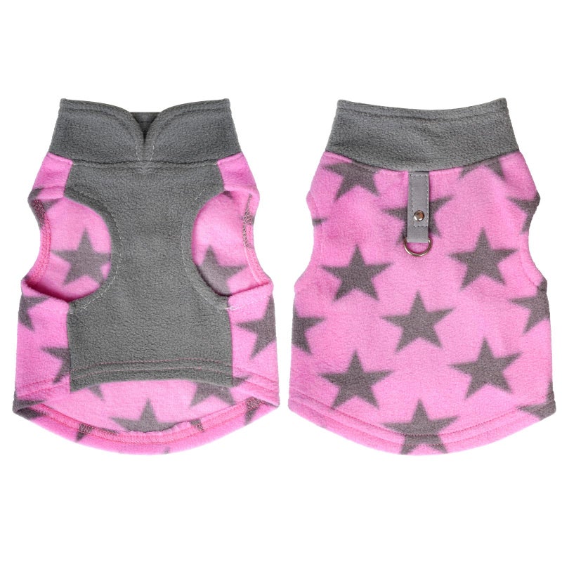 Rbenxia 2 Piece Grey and Pink Dog Heart Sweater with Leash Ring Soft Fleece Vest Dogs Pullover Warm Jacket Pet Dogs Clothes Winter Dog Outfits for Small Puppy Cat Pets (Medium, Stars+Heart) - Image 2