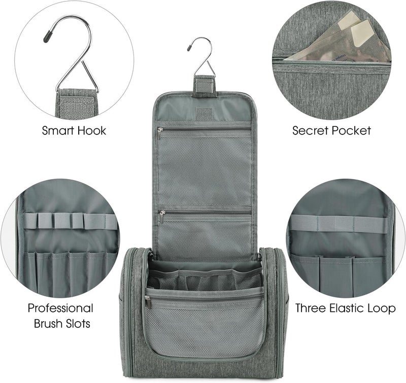 WANDF Large Hanging Toiletry Bag Travel Cosmetic Makeup Organizer Water-Resistant Shower Bathroom Bag for Women and Men (Gray) - Image 4