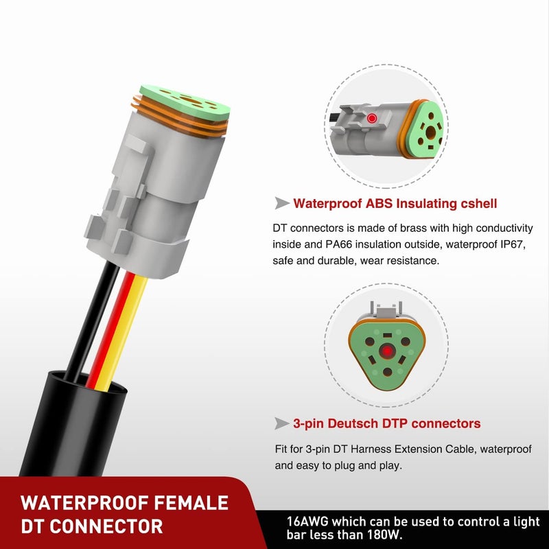 Nilight 2PCS 16 AWG 10 Feet 3 Pin DT Connector Wiring Harness Extension Kit Plug and Play for Dual Light Mode Off Road LED Pod Light Bar DRL Driving Auxiliary Reverse Boat Light, 2 Year Warranty - Image 5