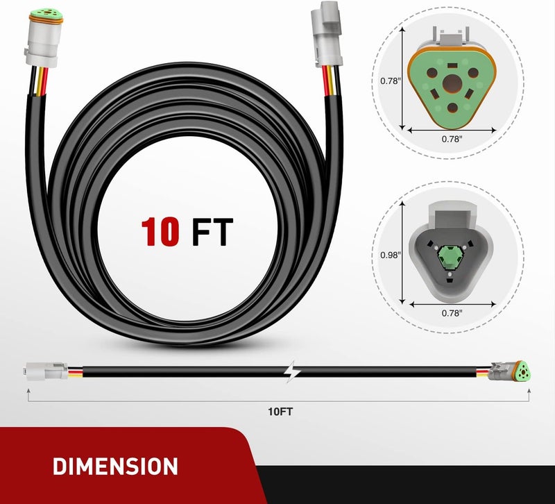 Nilight 2PCS 16 AWG 10 Feet 3 Pin DT Connector Wiring Harness Extension Kit Plug and Play for Dual Light Mode Off Road LED Pod Light Bar DRL Driving Auxiliary Reverse Boat Light, 2 Year Warranty - Image 2