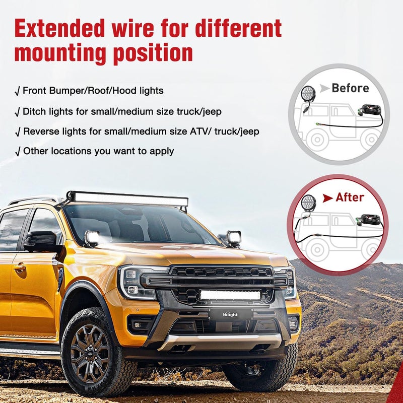 Nilight 2PCS 16 AWG 10 Feet 3 Pin DT Connector Wiring Harness Extension Kit Plug and Play for Dual Light Mode Off Road LED Pod Light Bar DRL Driving Auxiliary Reverse Boat Light, 2 Year Warranty - Image 4