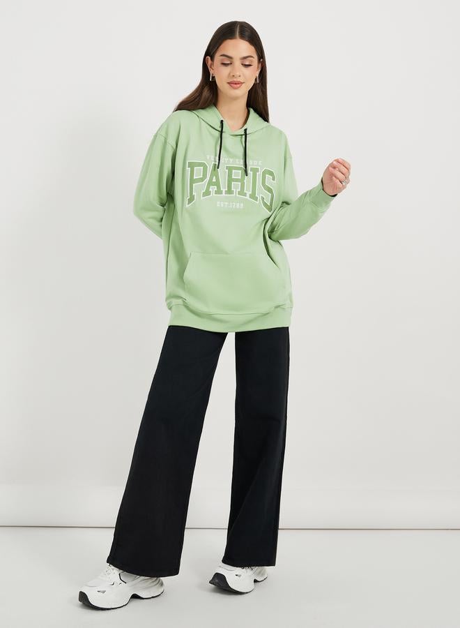 Styli Regular Fit Longline Embroidered Slogan Hoodie  - Image 2
