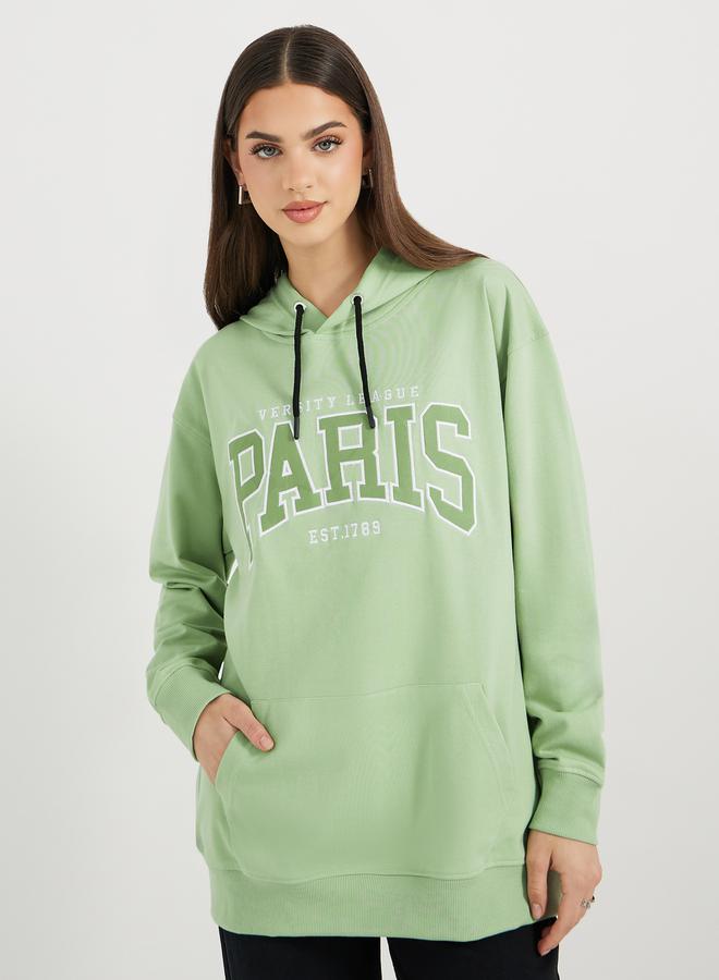 Styli Regular Fit Longline Embroidered Slogan Hoodie  - Image 1