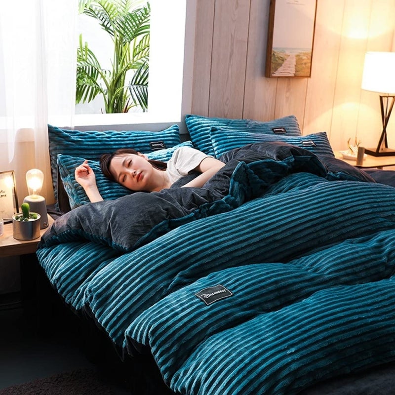 Bedding Set Size 3 Blue Double-Side Fluff Design - Skin-Friendly Warm Comfort Stylish Modern Style for Home Bedroom Dormitory Use
