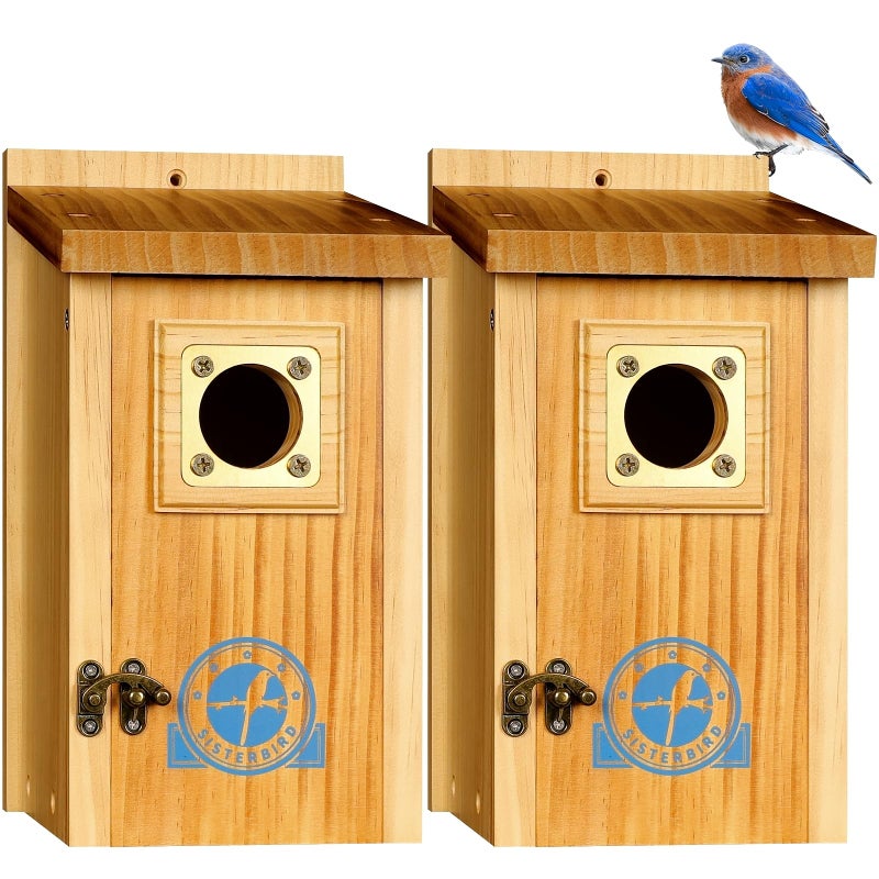 SISTERBIRD Pack of 2 Premium Bluebird Houses for Outside, Assembled Bird House Gift, Garden Decoration Bluebird House, Copper Predator Guard, Easy to Clean Bird Nesting - Image 1