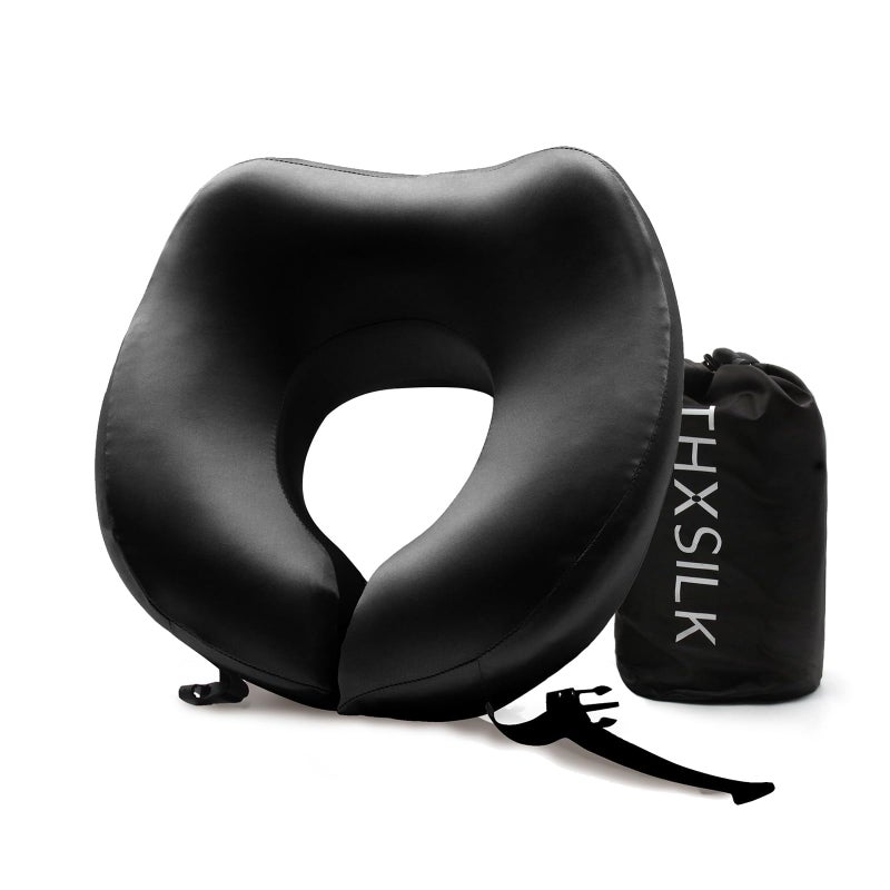 THXSILK 100 Mulberry Silk Neck Pillow for Traveling Pure Memory Foam Travel Pillow for Airplanes Travel Neck Pillow for Sleeping Head and Neck Support Includes Storage Bag Charcoal