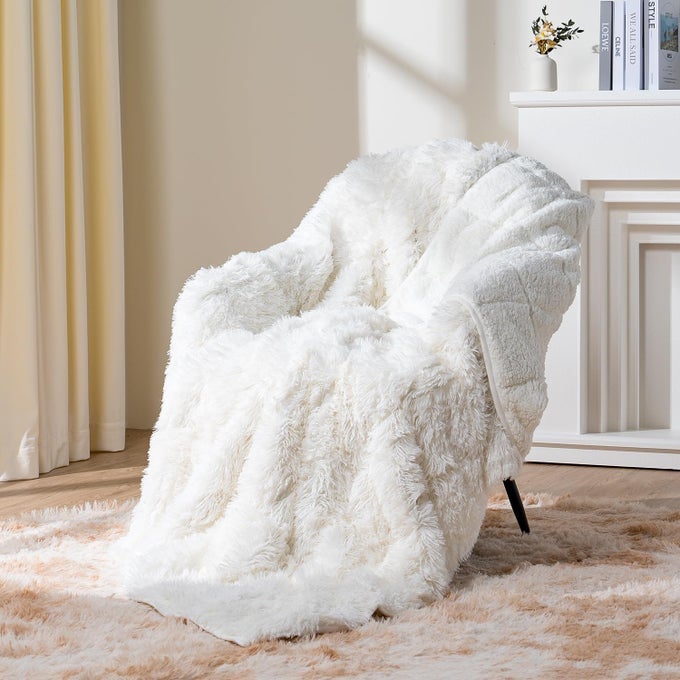 WEIGHTED BLANKET ADULT15LBS SHAGGY FUZZY FAUX FUR WEIGHTED THROW WITH WARM COZY SHERPA FLEECE TO HELP WITH BETTER SLEEP 48X72 INCHES CREAM
