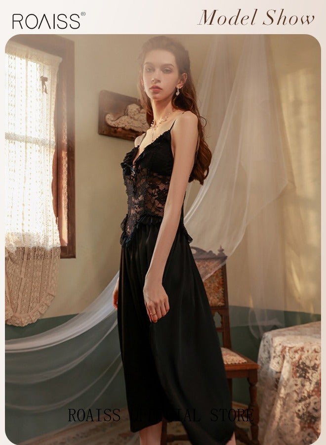 roaiss Lace Satin Homewear Women's Sling Sleepwear Sweet Nightwear Lace Long Nightdress Luxurious Embroidered Nightgown Female Summer White  - Image 1