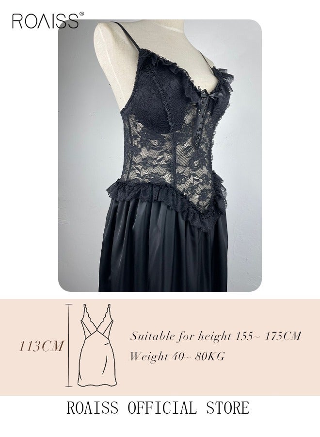 roaiss Lace Satin Homewear Women's Sling Sleepwear Sweet Nightwear Lace Long Nightdress Luxurious Embroidered Nightgown Female Summer White  - Image 2