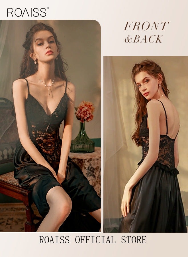 roaiss Lace Satin Homewear Women's Sling Sleepwear Sweet Nightwear Lace Long Nightdress Luxurious Embroidered Nightgown Female Summer White  - Image 3