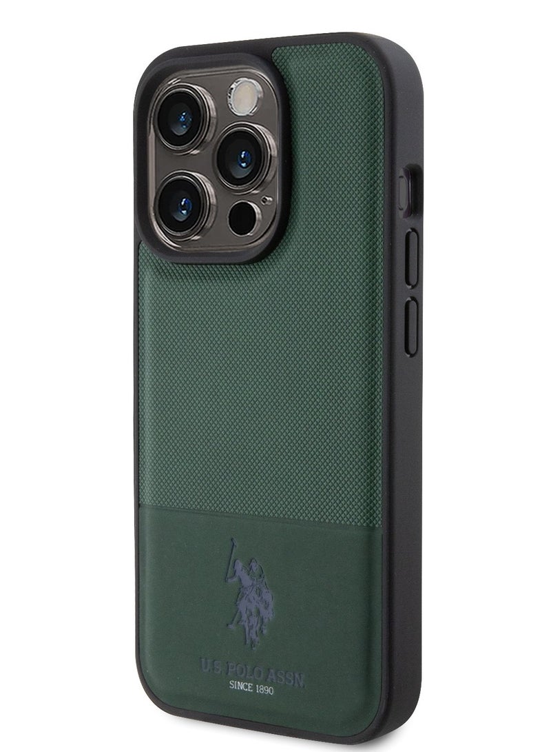 يو اس بولو حافظة جلد PU بنمط شبكي DH لهاتف iPhone 15 Pro - أخضر - Image 3