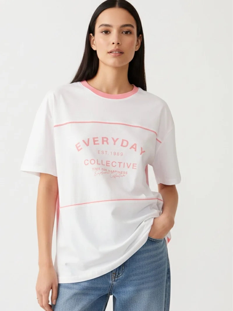 Pink Oversized T-Shirt With Graphic And Cut & Sew Highlights