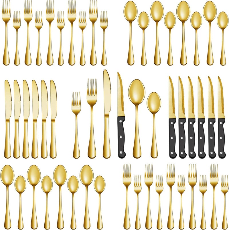 MUTNITT 72 Pcs Gold Silverware Set with Steak Knives Stainless Steel Flatware Cutlery Set Service for 12 Kitchen Tableware Set Utensil Set for Home and Restaurant Knives Forks Spoon Set Dishwasher Safe - Image 1