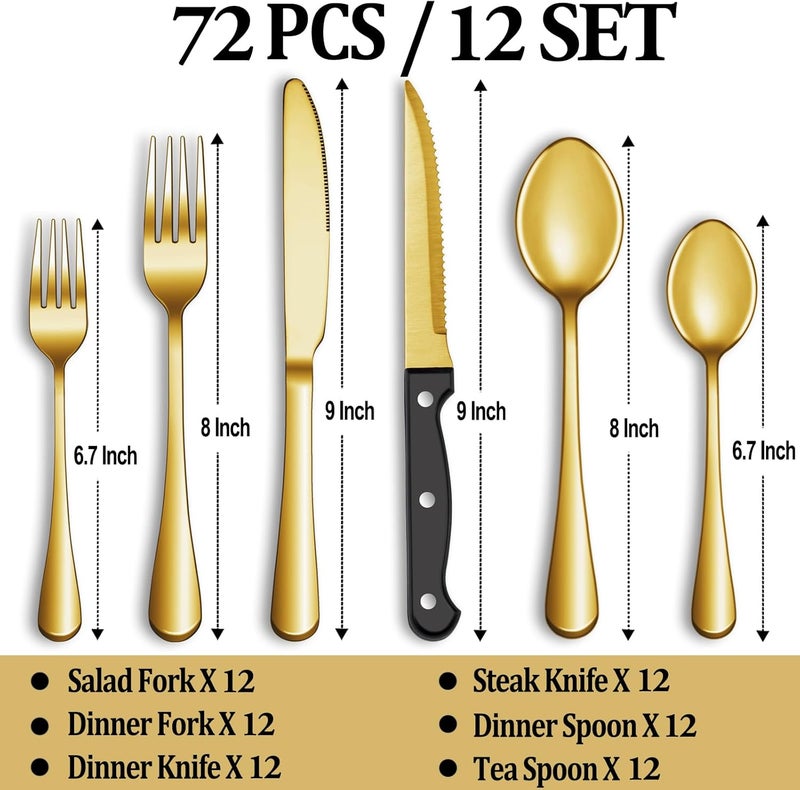 MUTNITT 72 Pcs Gold Silverware Set with Steak Knives Stainless Steel Flatware Cutlery Set Service for 12 Kitchen Tableware Set Utensil Set for Home and Restaurant Knives Forks Spoon Set Dishwasher Safe - Image 2