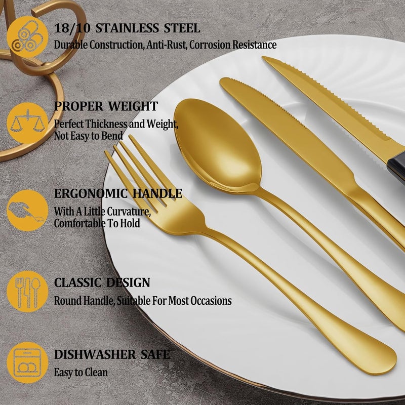MUTNITT 72 Pcs Gold Silverware Set with Steak Knives Stainless Steel Flatware Cutlery Set Service for 12 Kitchen Tableware Set Utensil Set for Home and Restaurant Knives Forks Spoon Set Dishwasher Safe - Image 3