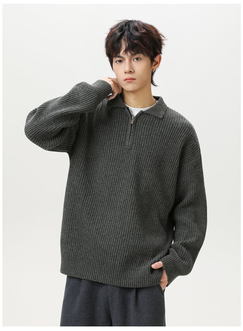 NIBEMINENT Half-zipper Collar Sweater Men's Autumn Winter Solid Color Loose Casual Pullover Knit Sweater Jacket Warm Soft Breathable - Image 3