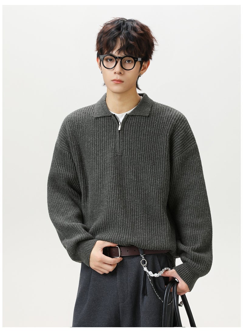 NIBEMINENT Half-zipper Collar Sweater Men's Autumn Winter Solid Color Loose Casual Pullover Knit Sweater Jacket Warm Soft Breathable - Image 2