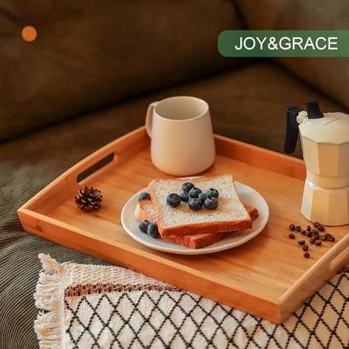 Joy&Grace Bamboo Serving Tray with Handles, Dinner Food Tray for Bed Breakfast Eating and Serving, for Coffee Table Ottoman TV, Decorative Wood Large Charcuterie Platter 16.8 x 12.5 inch 1 Pack - Image 5