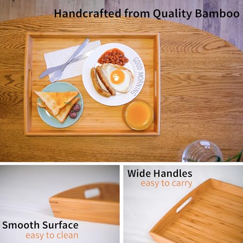 Joy&Grace Bamboo Serving Tray with Handles, Dinner Food Tray for Bed Breakfast Eating and Serving, for Coffee Table Ottoman TV, Decorative Wood Large Charcuterie Platter 16.8 x 12.5 inch 1 Pack - Image 4