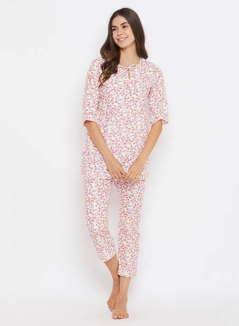 كلوفيا Clovia Pretty Florals Top and Cropped Pyjama in White - 100% Cotton