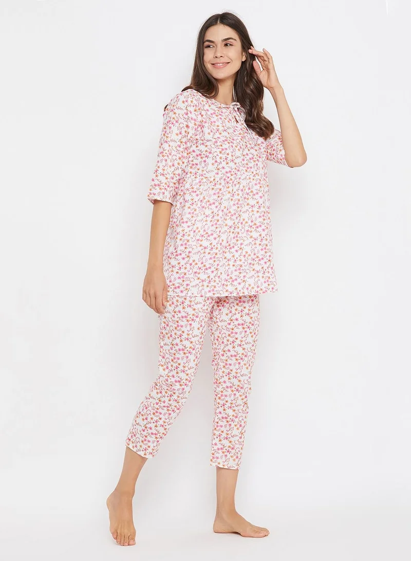 كلوفيا Clovia Pretty Florals Top and Cropped Pyjama in White - 100% Cotton