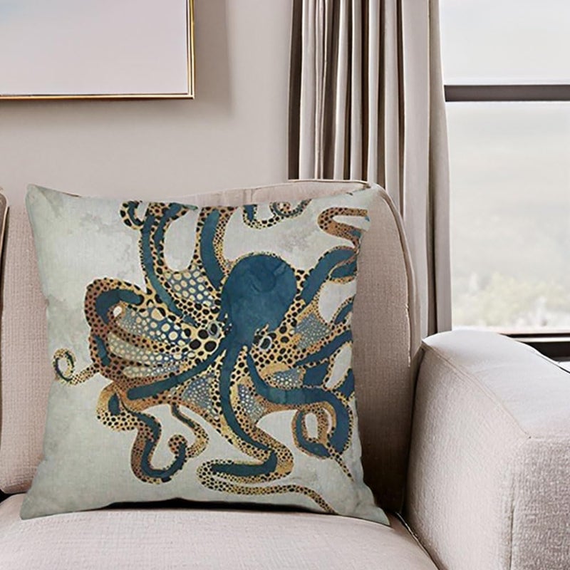 Andreannie Pack of 4,Ink Painting Marine Octopus Squid Sea Animals Cotton Linen Decorative Throw Pillow Case Personalized Cushion Cover for Sofa Couch Bed Square 18 X 18 Inches - Image 5