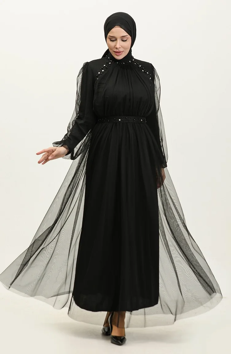 Sefa Merve Beaded Evening Dress 6208-01 Black