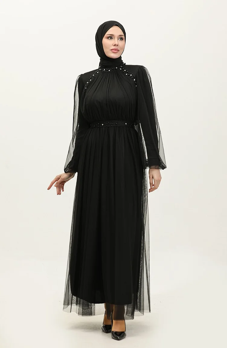 Sefa Merve Beaded Evening Dress 6208-01 Black